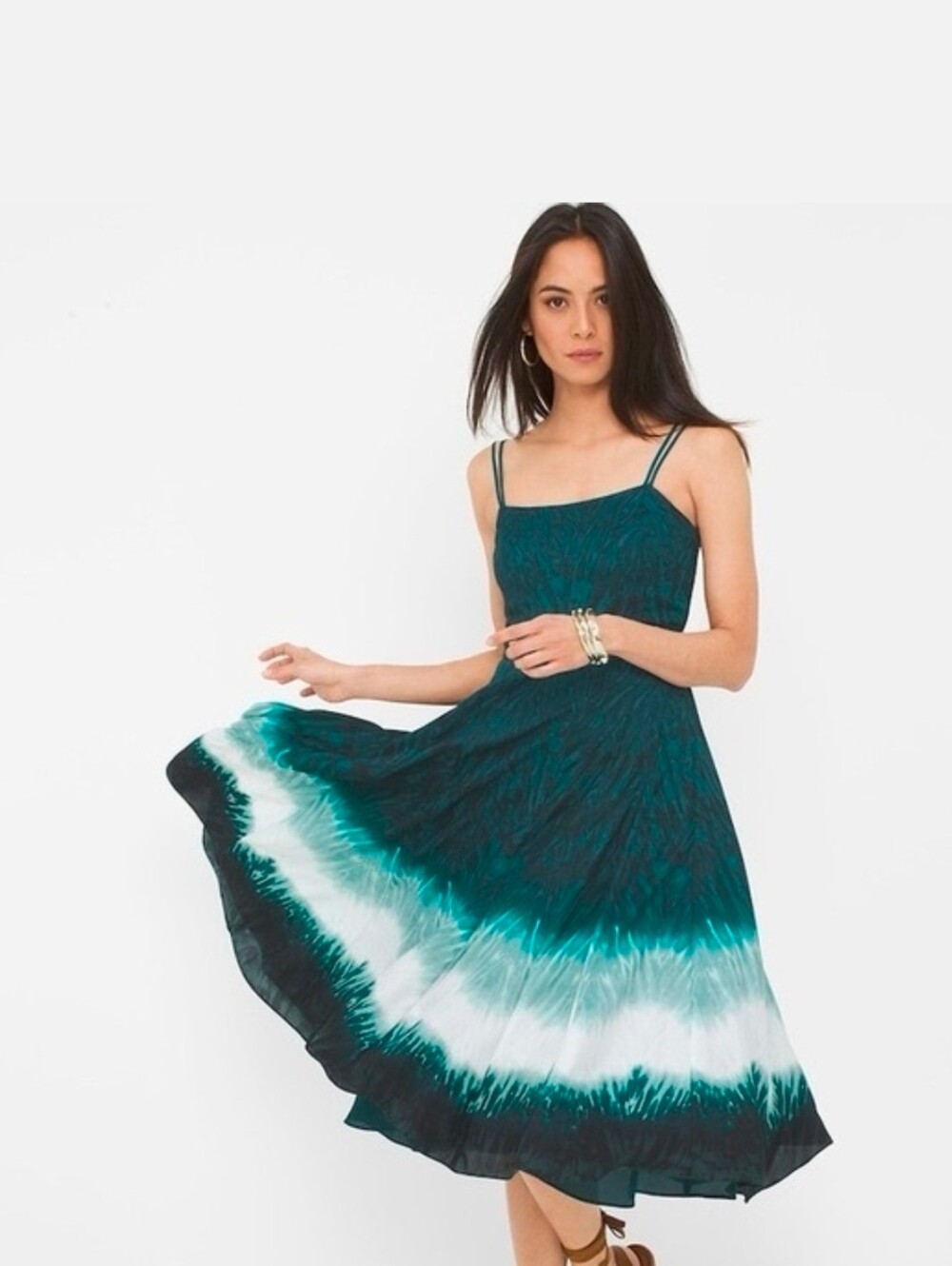 White House Black Market Teal, Navy & White Ombre Tie-Dye Midi Dress
